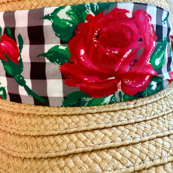 Betsey Johnson Wide Brim Straw Sun Hat with Gingham & Floral Ribbon - Picture 5 of 10